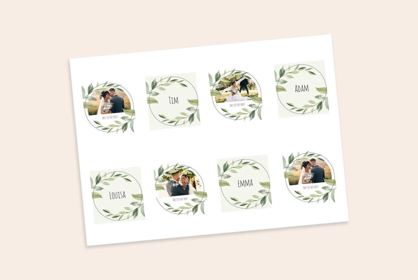 Planche d’autocollants photo personnalisés avec portraits et motifs verts
