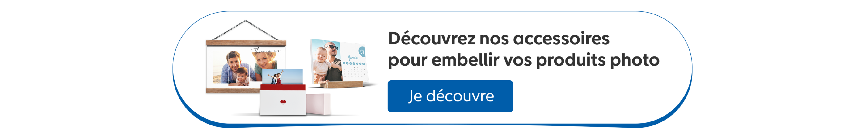Bannière bleue avec un texte invitant à explorer des accessoires photo.