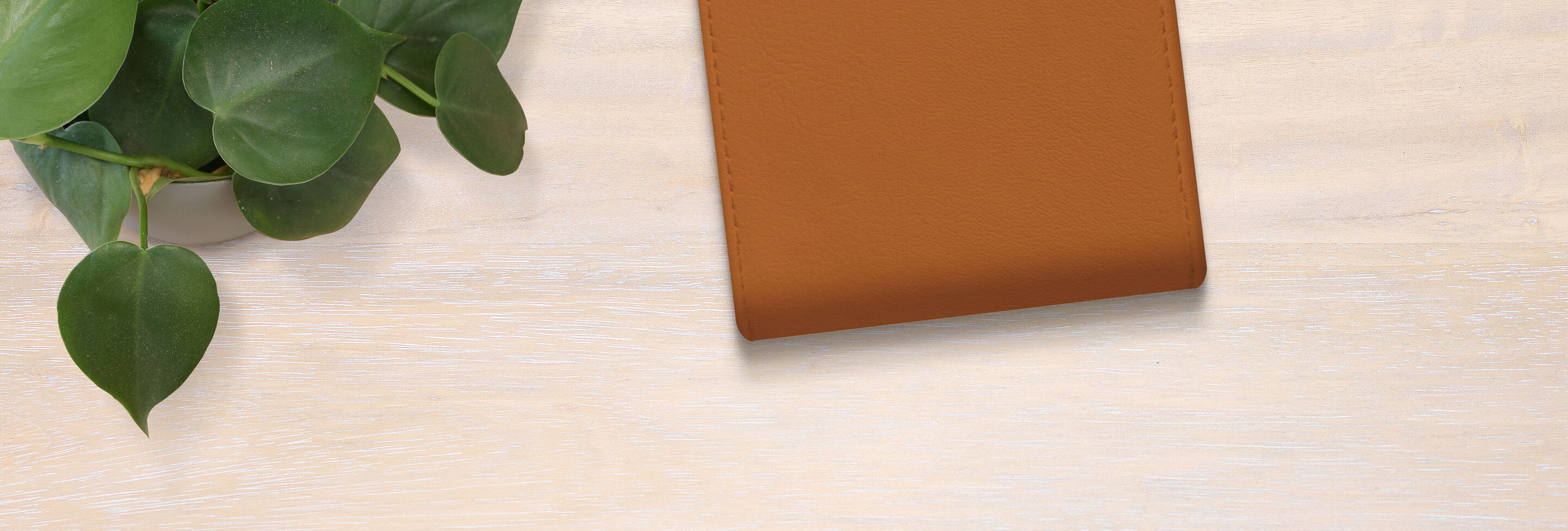 Un carnet brun est posé sur un fond en bois clair à côté d'une plante verte.