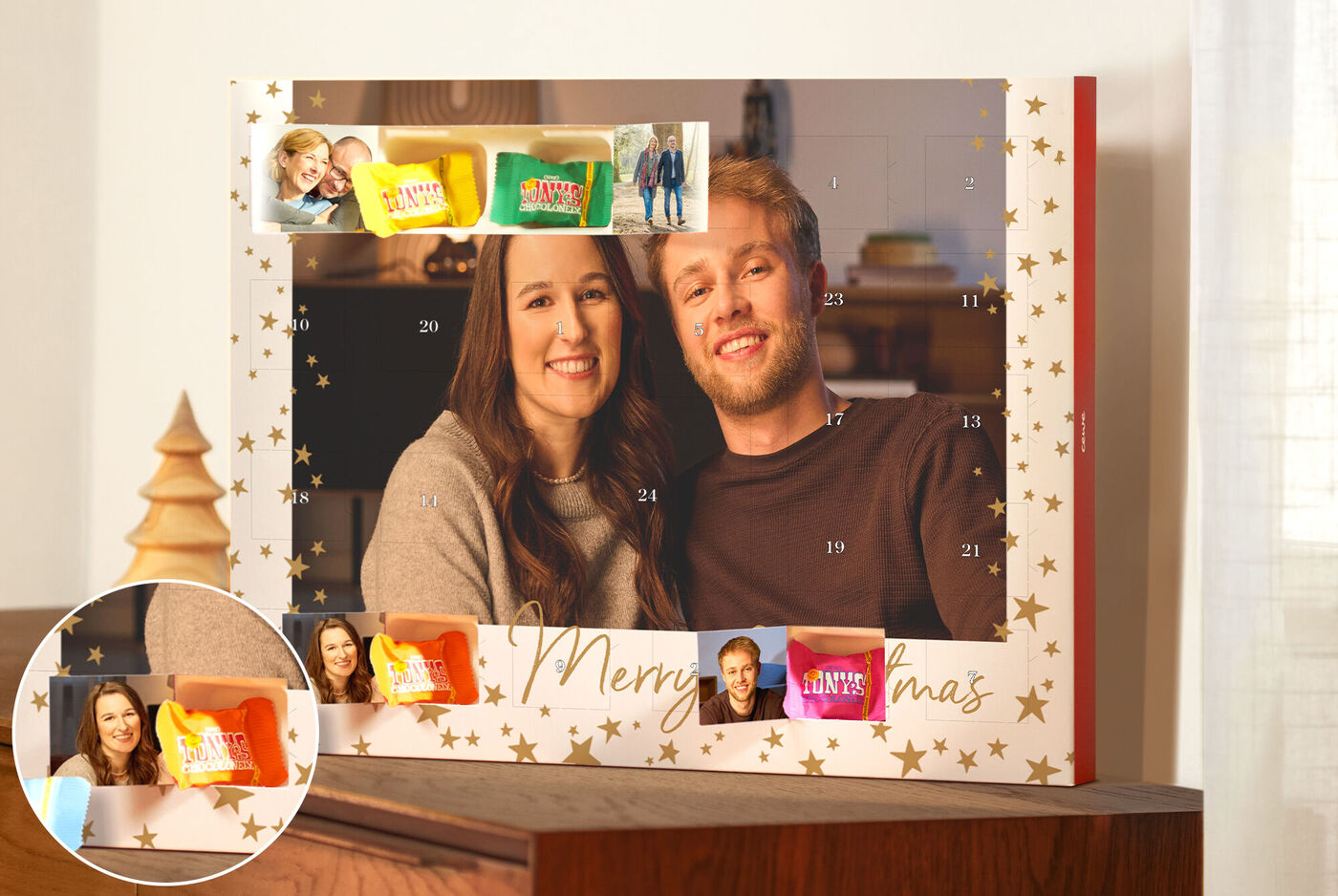 Photo d'un couple sur un calendrier de l'Avent avec chocolats Tony's Chocolonely