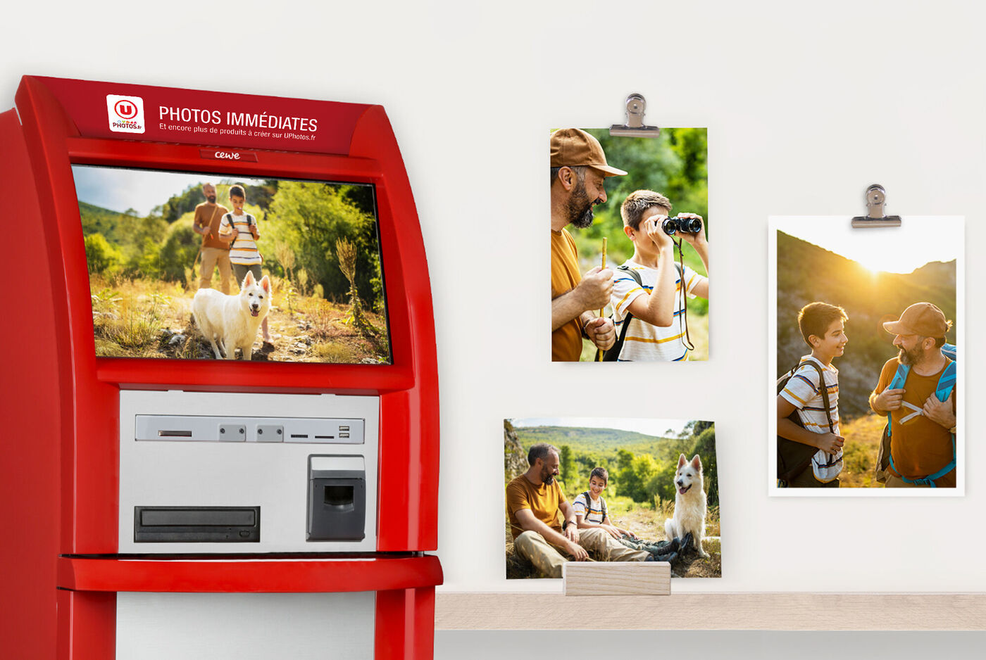 Un kiosque photo pour le développement immédiat devant un mur. Des images de personnes heureuses et d'un chien sont accrochées au mur.