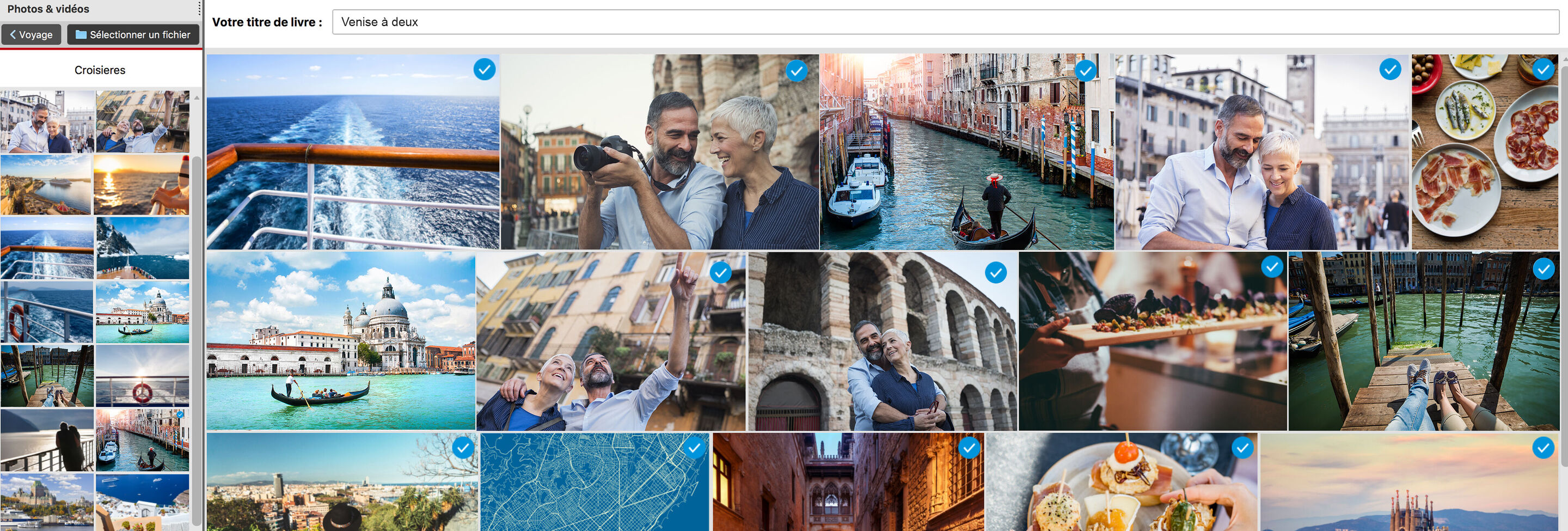 Une collagе colorée de différentes images montrant des gens heureux voyageant à Venise. Il y a des photographies de canaux, de plats et de beaux bâtiments au bord de l'eau.
