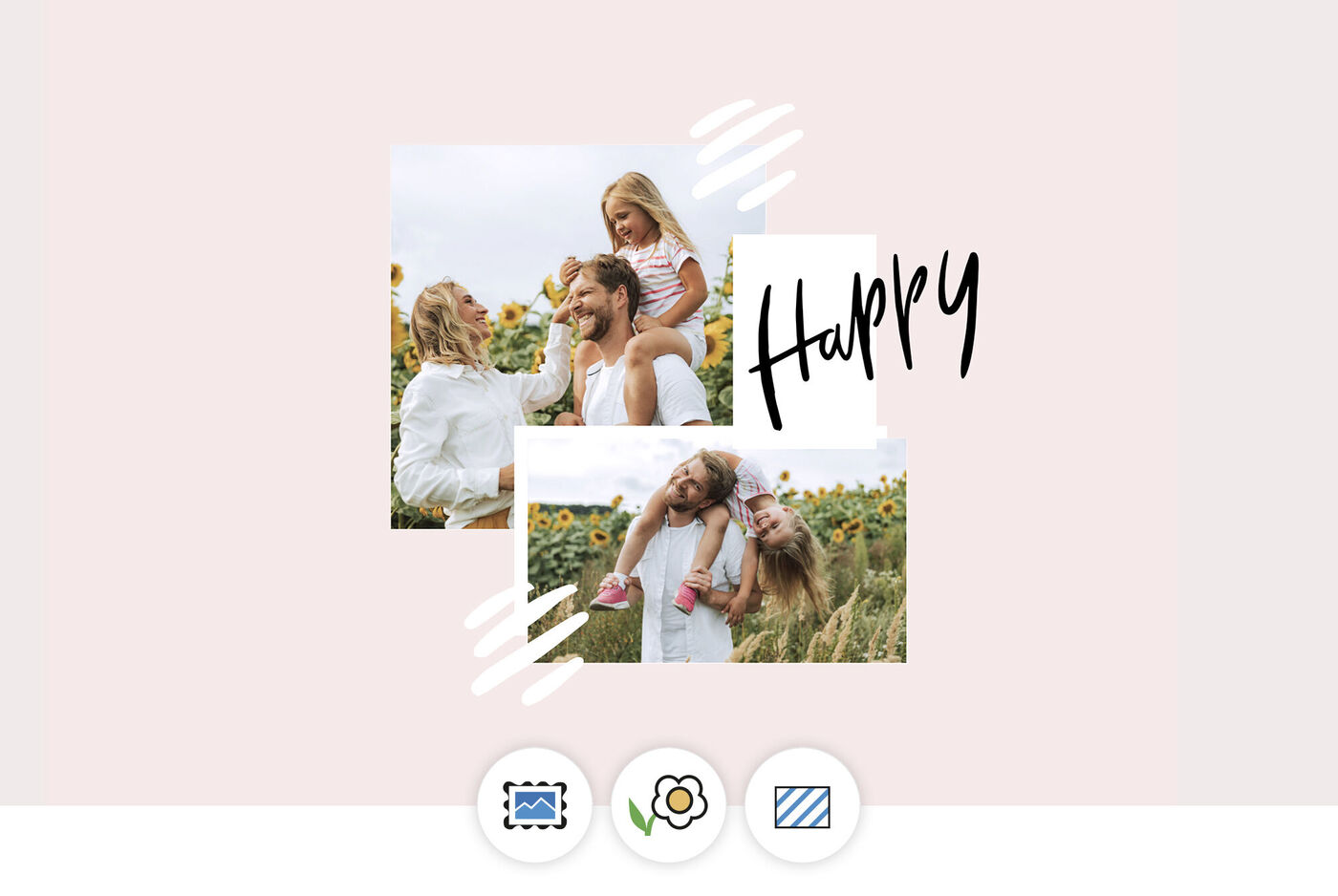Famille souriante dans un champ de tournesols avec le texte : Heureux.