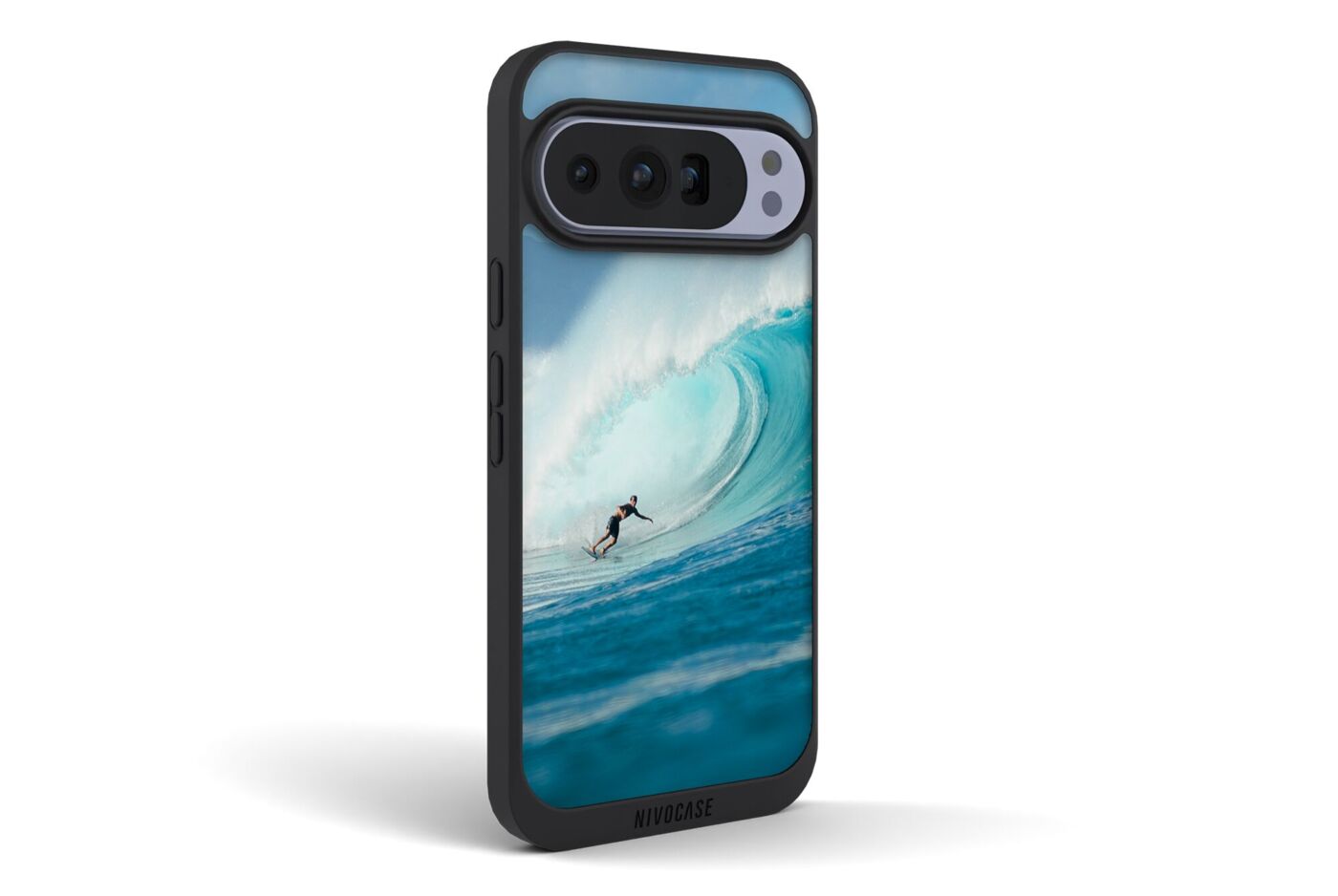 Coque noire pour smartphone Google Pixel personnalisée avec une vague bleue aux reflets turquoise