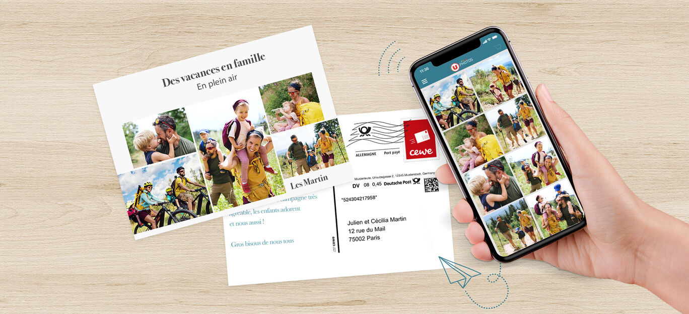 Une famille heureuse partage des souvenirs sur des cartes CEWE et un appareil mobile