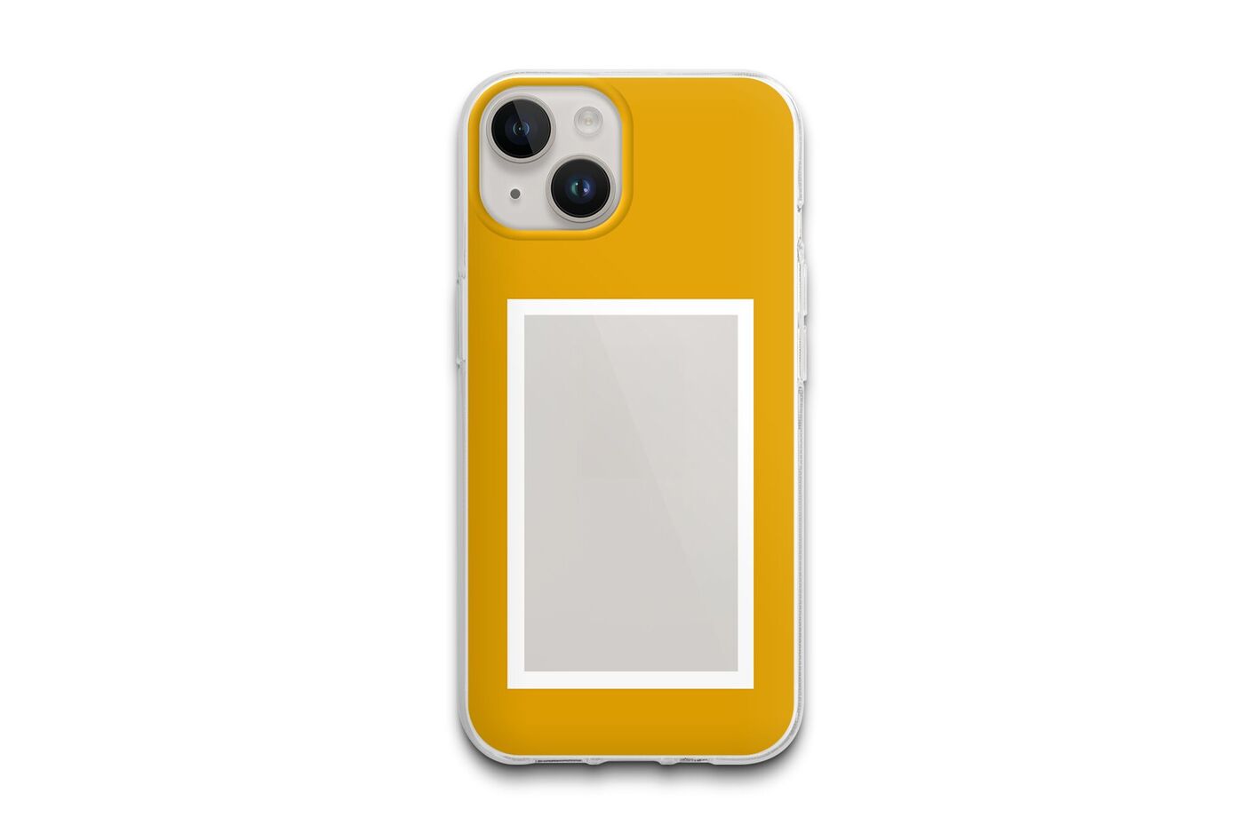 Une coque de téléphone jaune avec une découpe photo blanche.