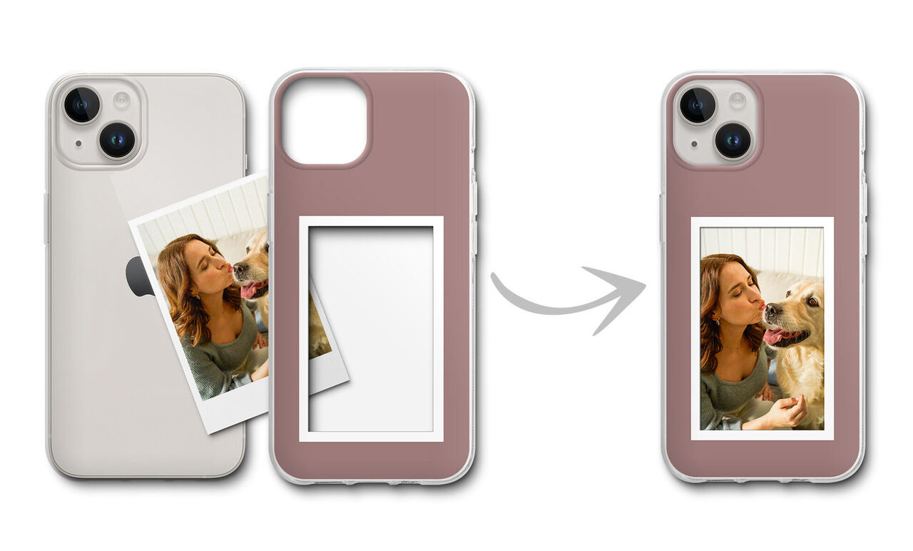 Étui pour téléphone portable personnalisable individuellement, de couleur rose, avec insert photo interchangeable et image d'un chien
