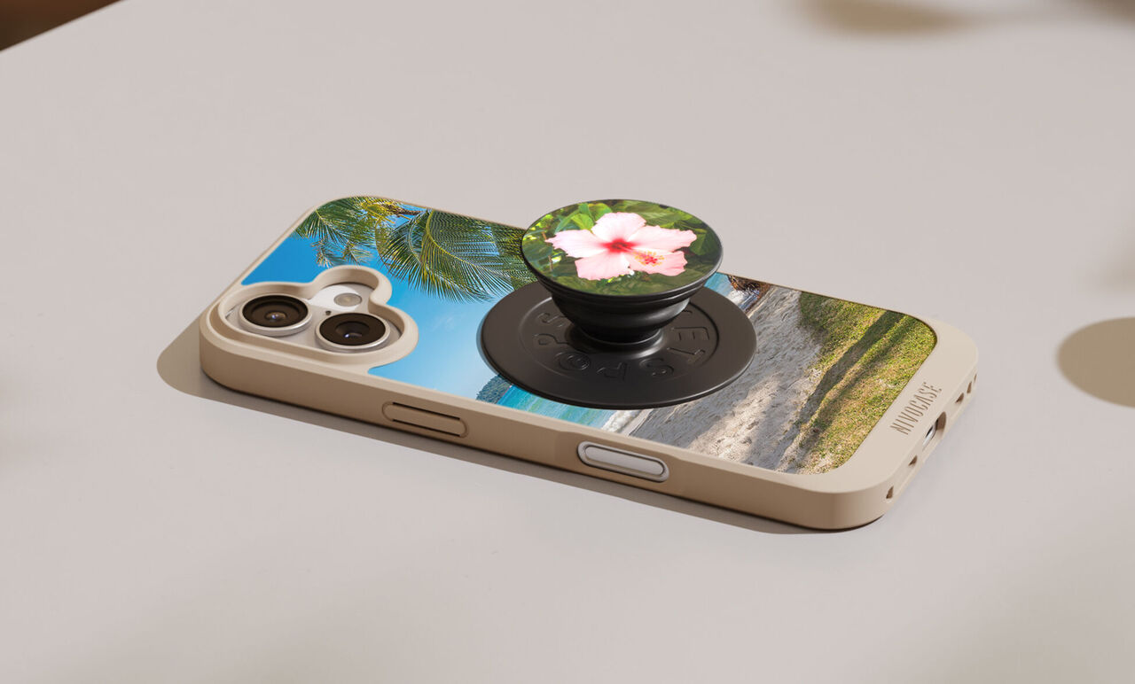 Coque de smartphone personnalisée avec paysage tropical et PopGrip orné d’une fleur rose