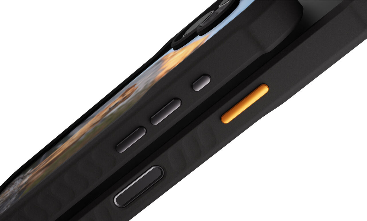 Tranche noire de la coque avec boutons de volume et bouton orange