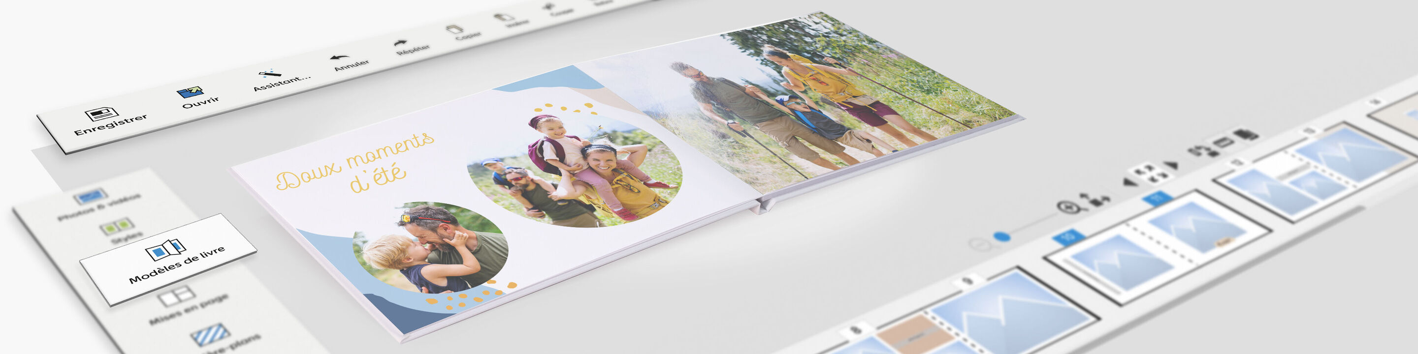 Un livre photo CEWE ouvert avec des souvenirs colorés d'une sortie familiale sur une table.