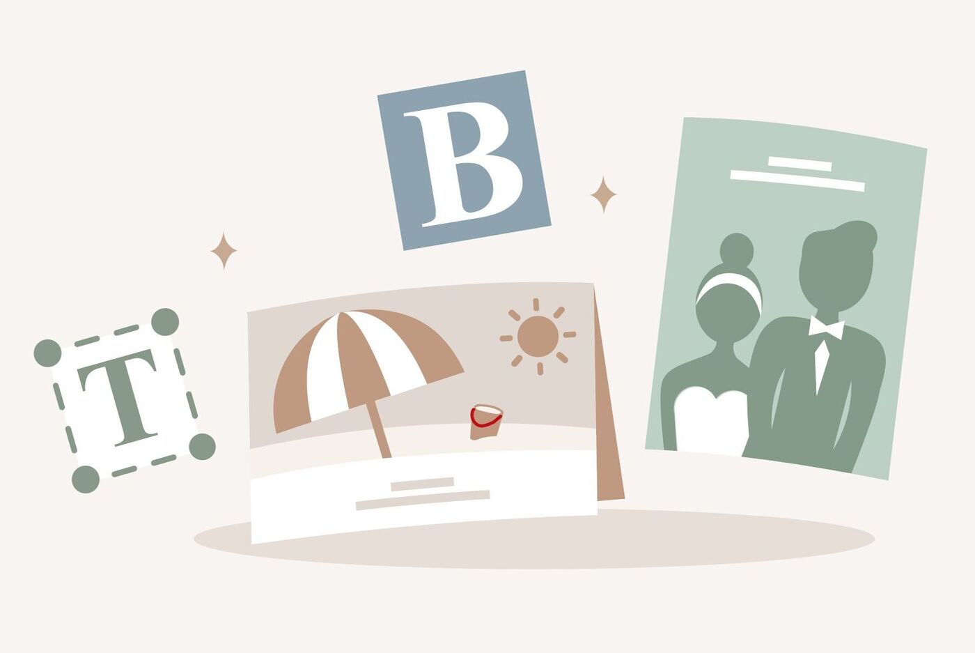 Graphique créatif avec divers éléments de design pour produits photo personnalisés. Un parasol, photos et texte.