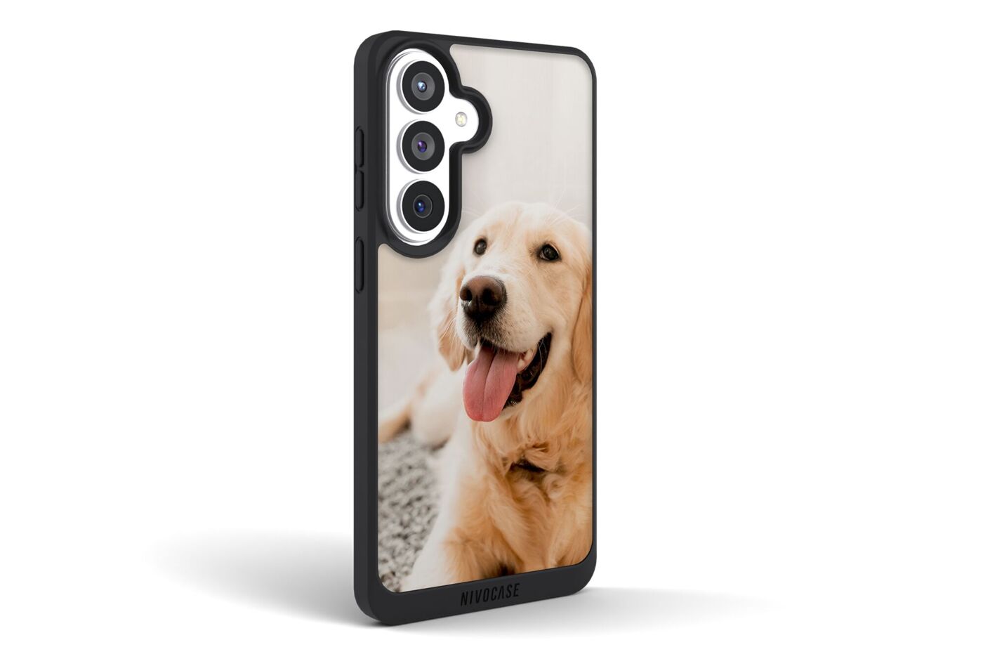 Coque noire pour smartphone Samsung personnalisée avec le portrait d’un golden retriever sur fond clair
