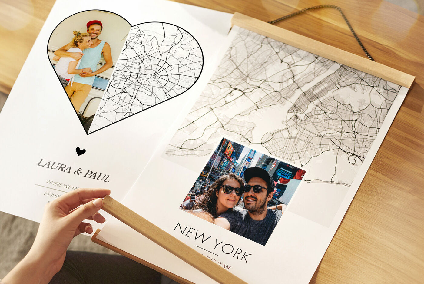 Une personne tient une image créative de photos et plans de ville en forme de cœur, New York.