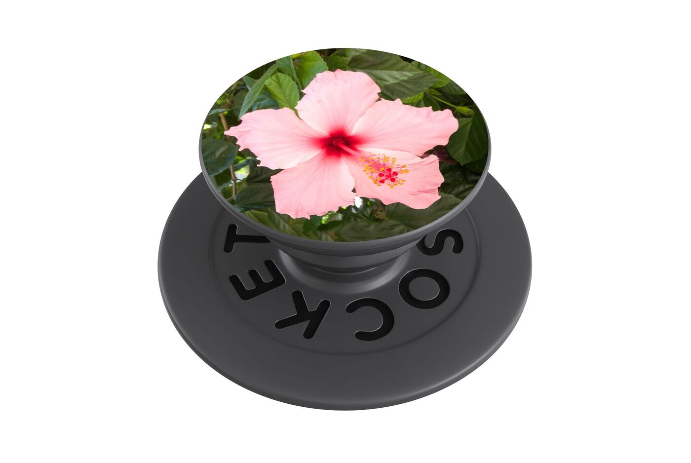 PopGrip personnalisé noir, décoré d’une fleur rose sur fond végétal