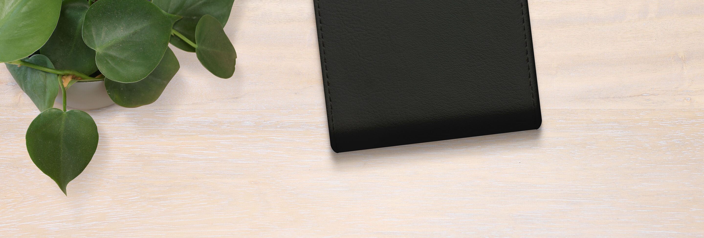 Cahier noir sur un fond en bois clair avec plante verte à côté