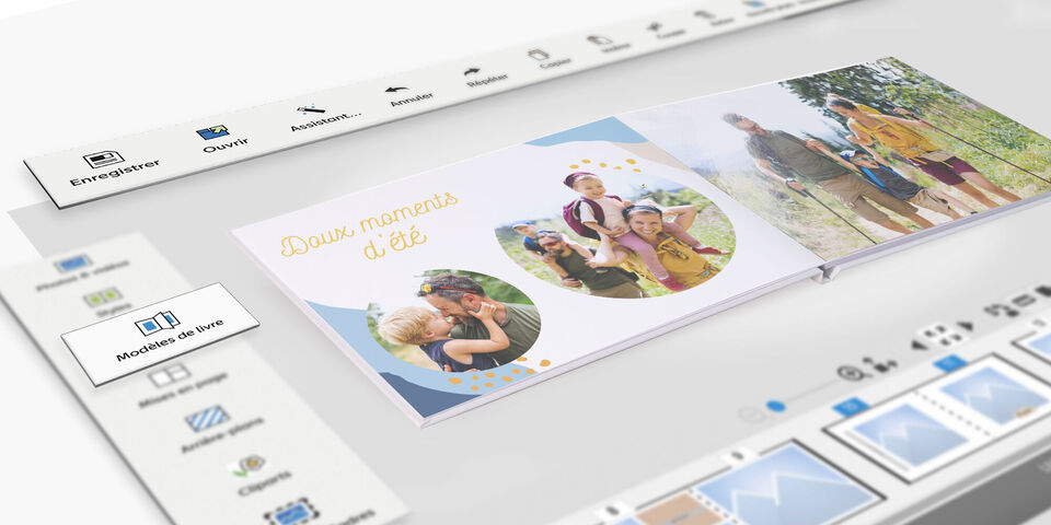 Livre photo CEWE ouvert avec des photos d'amis lors d'une sortie en nature.