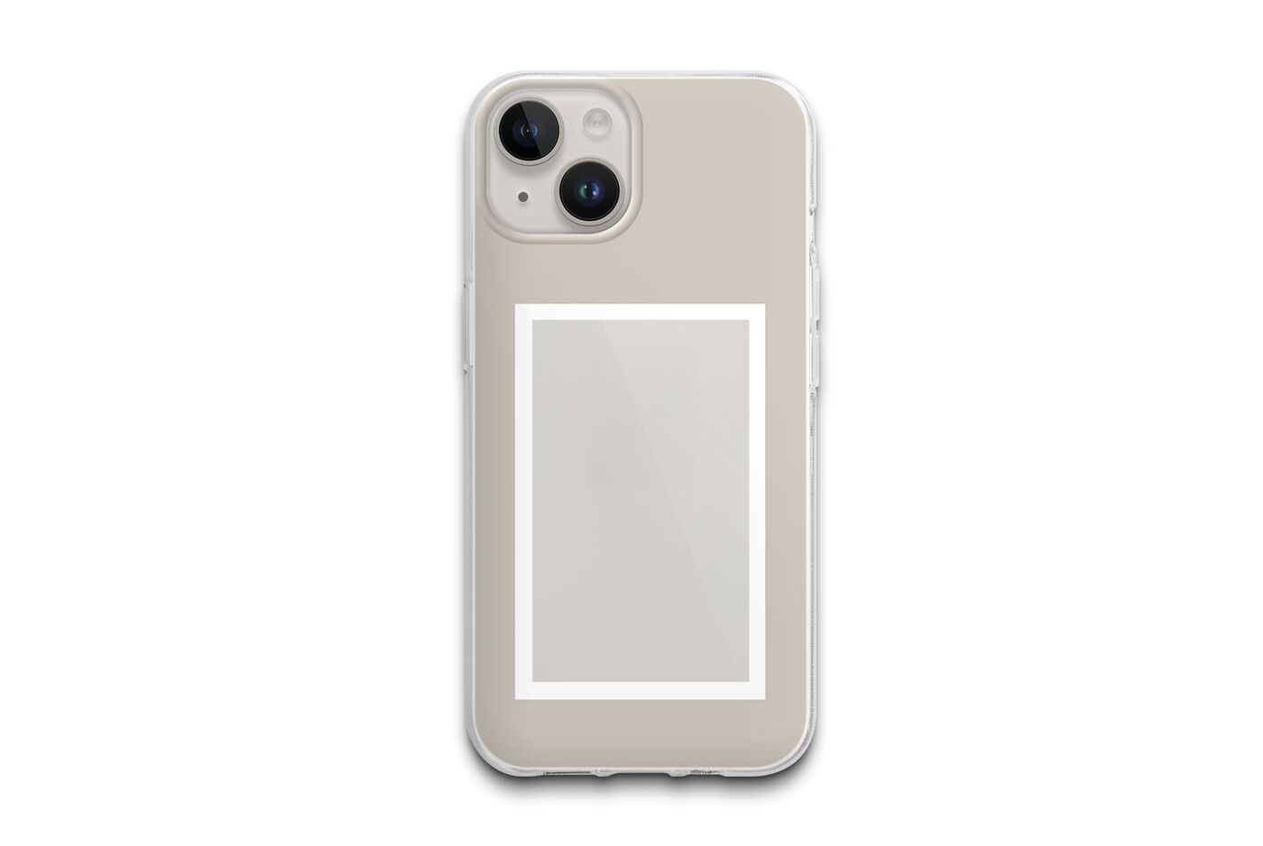 Une coque de téléphone beige avec un cadre photo vide.
