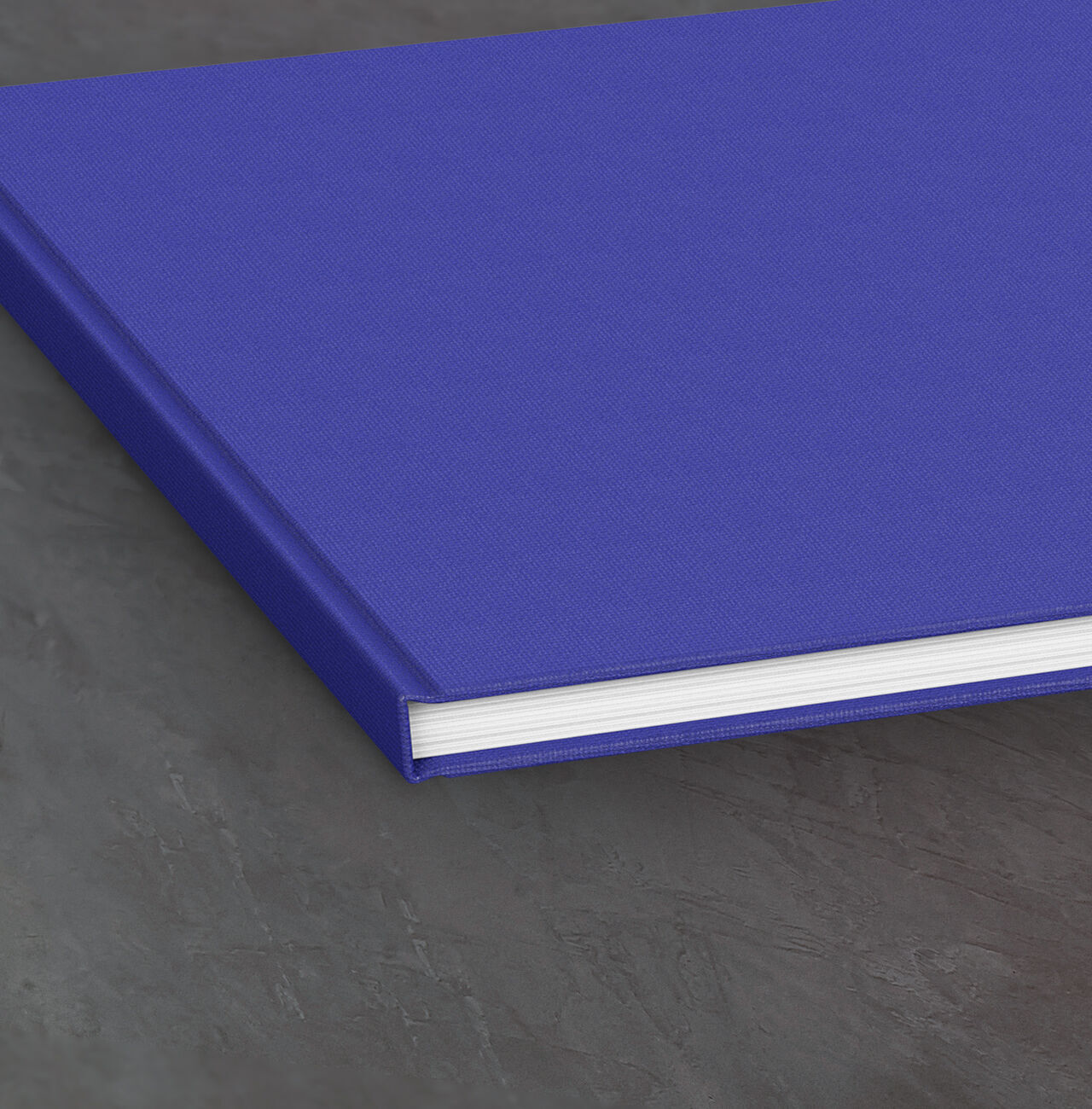 Un livre photo bleu est posé sur une table grise.