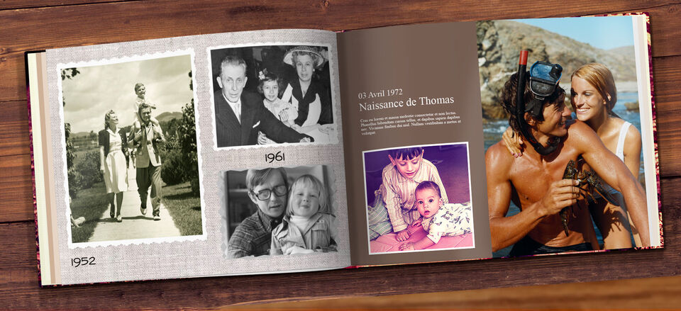 Un album photo ouvert avec diverses photos de famille des années 1952, 1961 et 1972.