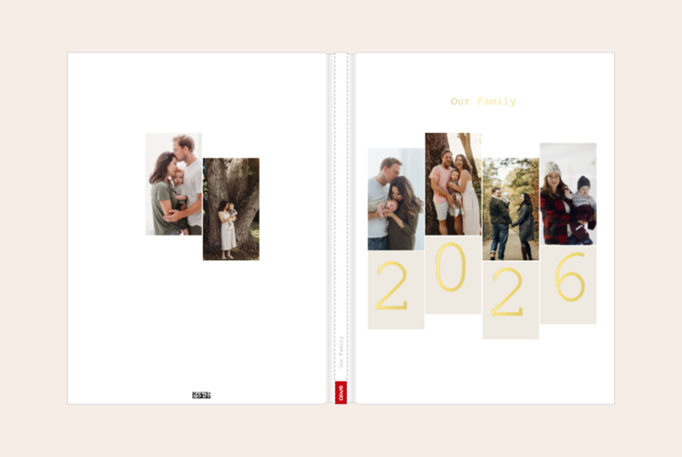 Album photo famille 2026, mise en page épurée avec portraits et moments du quotidien