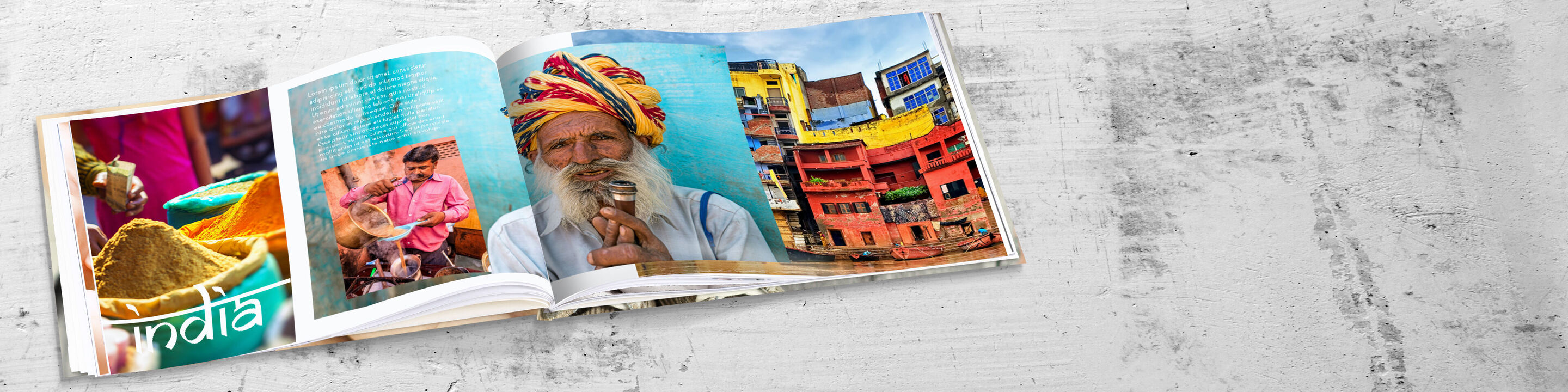 Un ALBUM CEWE montre des photos vives et colorées de l’Inde, y compris des marchés, des couleurs et des gens locaux.