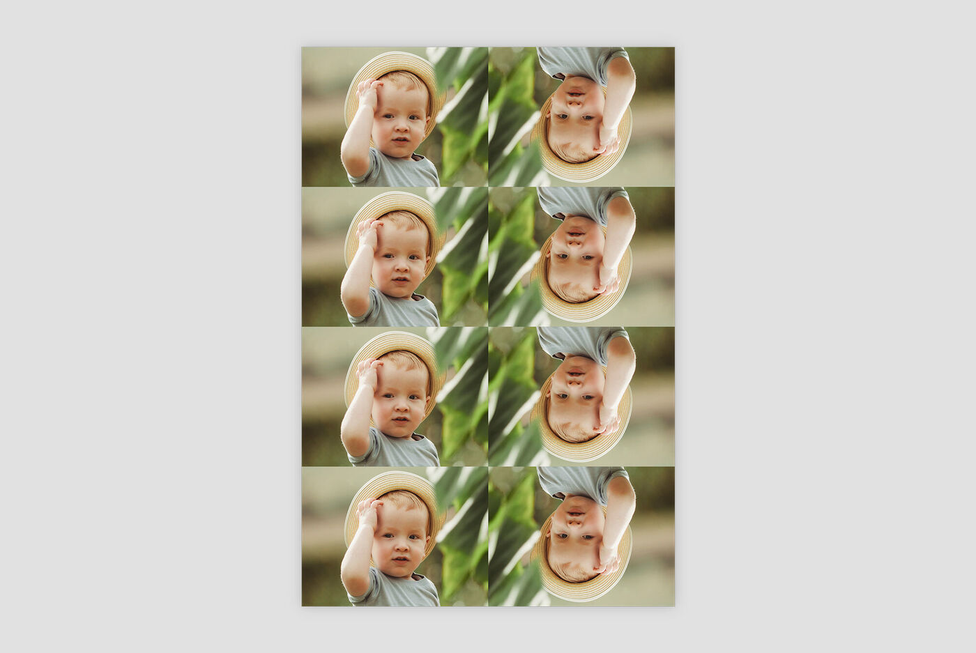 Planche présentant plusieurs fois la photo d'un petit garçon avec un chapeau de paille, en format mini