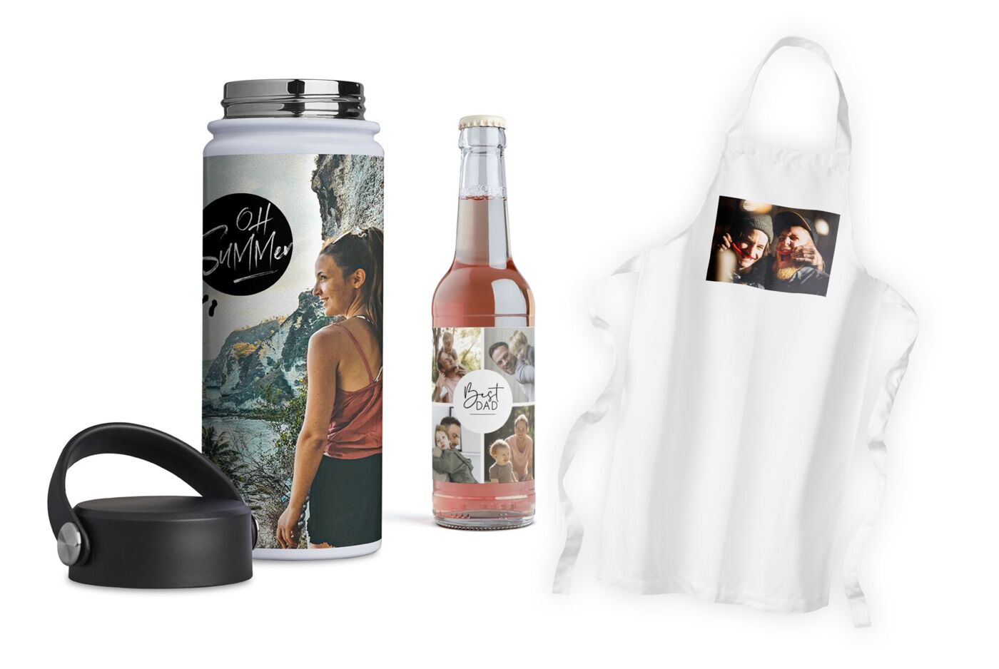Cadeaux photo personnalisés : gourde isotherme, étiquette de bouteille et tablier blanc