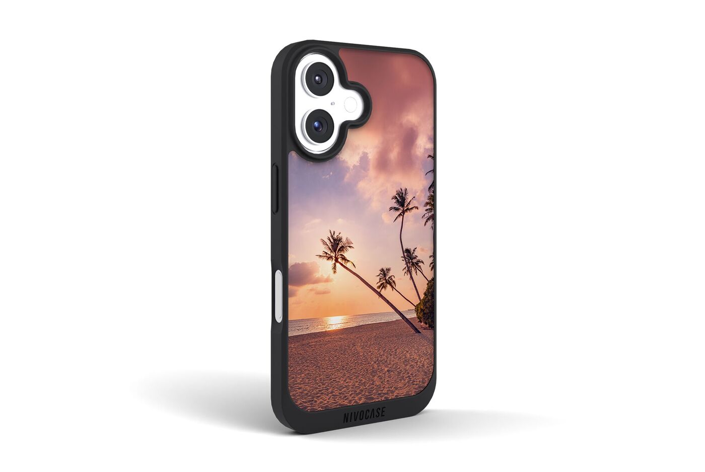Coque noire personnalisée avec un coucher de soleil, des palmiers et des oiseaux en silhouette