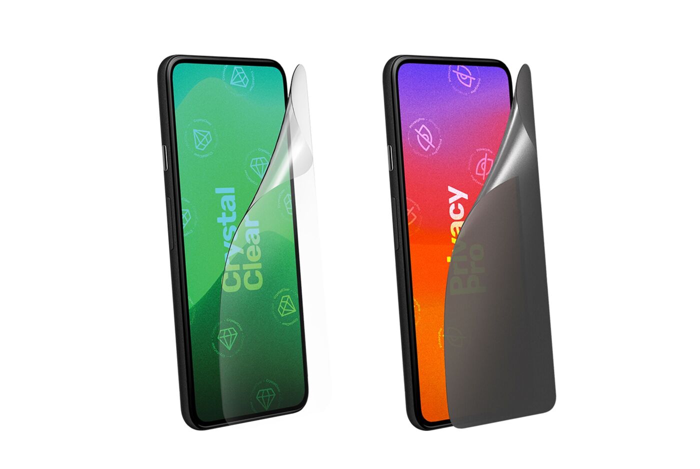 Deux smartphones équipés de films de protection d’écran, dont un modèle transparent et un filtre de confidentialité
