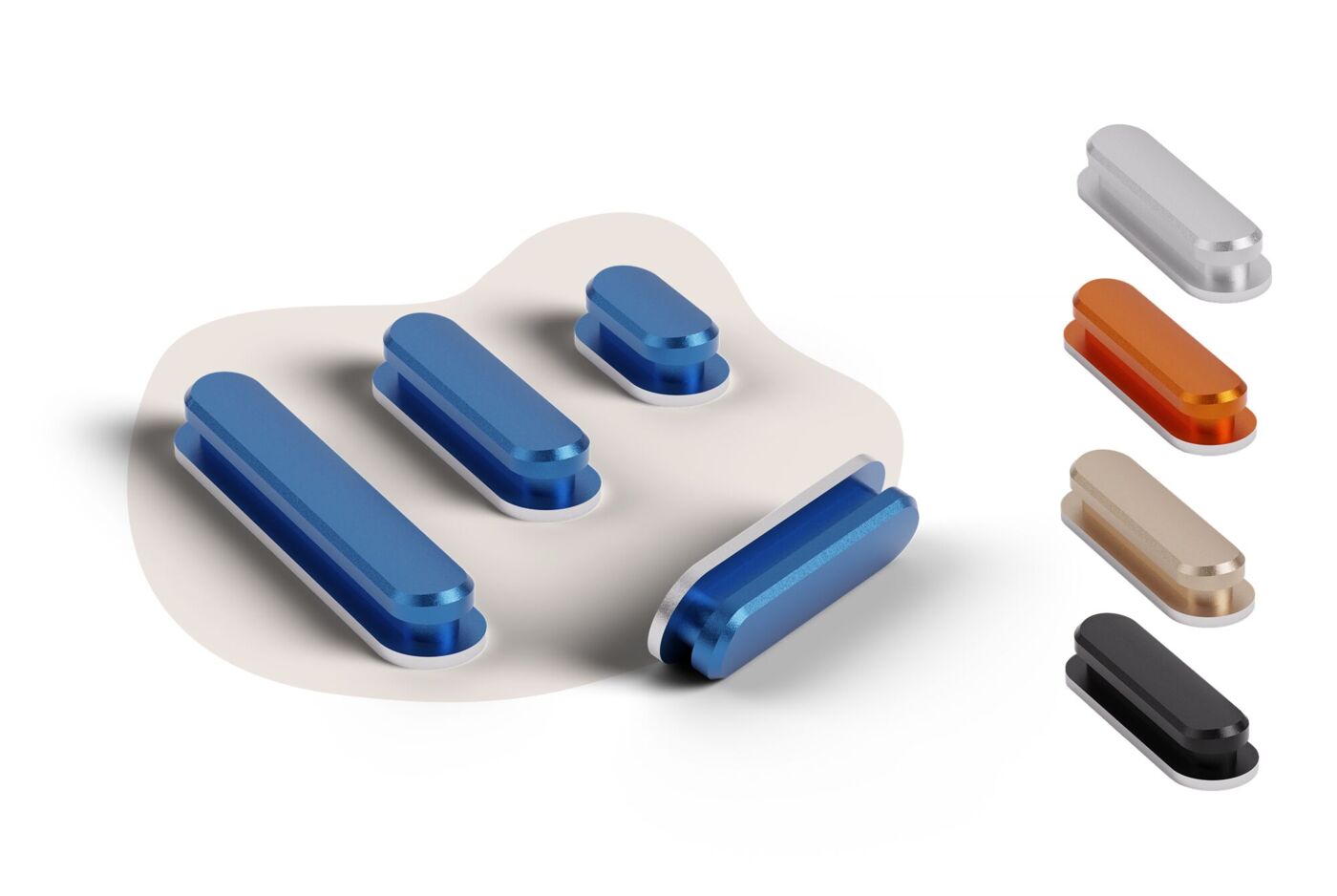 Ensemble de boutons décoratifs interchangeables pour coque, présenté en bleu, gris, orange et noir