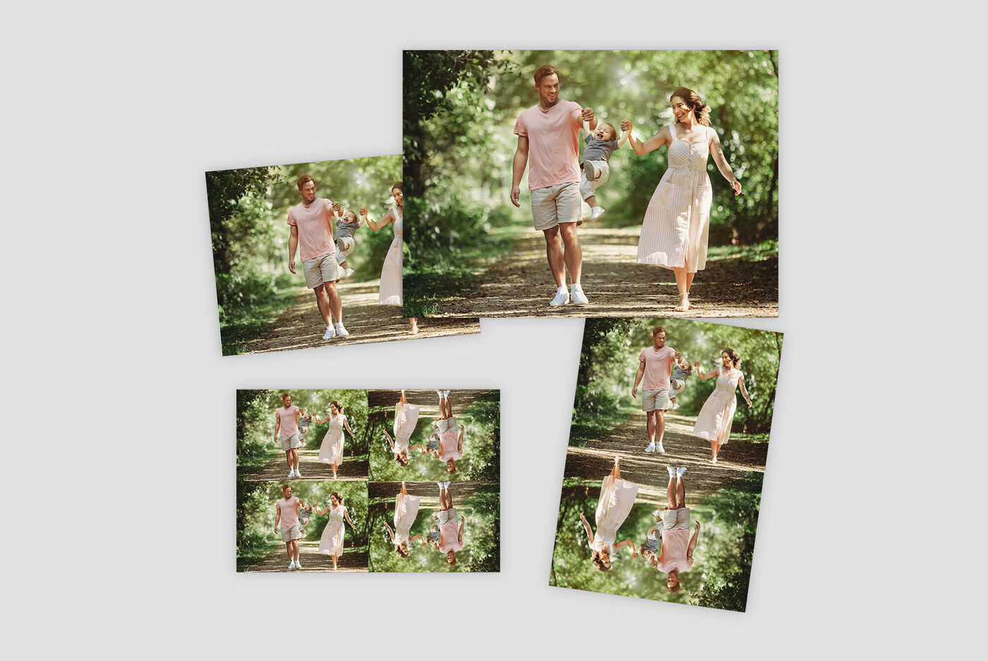 Lot de photo de formats différents présentant plusieurs fois la photo d'un couple en balade dans la forêt
